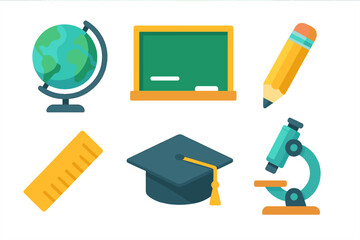 Poster - Educational tools including a globe, chalkboard, pencil, ruler, graduation cap, and microscope arranged on a white background