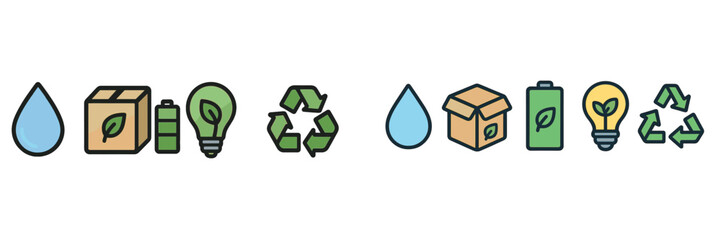 Poster - Illustration showing eco-friendly symbols promoting recycling and sustainability with water, battery, and light bulb icons