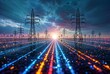 © VITALII - Futuristic energy grid. Power pylons and a smart grid with flowing light trails lead to a city skyline at sunset. A concept of technology.