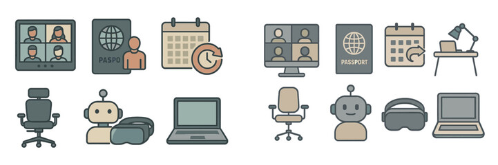 Poster - Icons representing remote work, digital technology, and virtual communication in a modern office setting