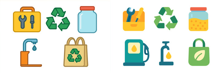 Poster - Colorful collection of recycling and sustainability icons showcasing tools, containers, and eco-friendly practices for environmental awareness