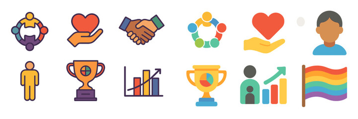 Aufkleber - Colorful icons representing community, support, achievement, and diversity in a modern design style