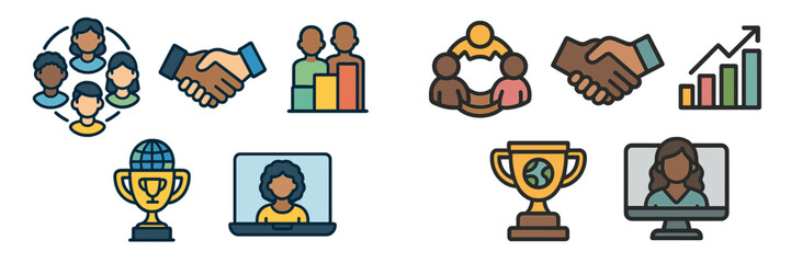 Leinwandbilder - Business collaboration icons representing teamwork, partnership, and global connectivity in a digital landscape