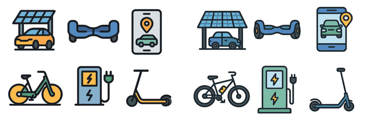 Aufkleber - Modern transportation icons showcasing electric vehicles and charging options in a digital and eco-friendly context