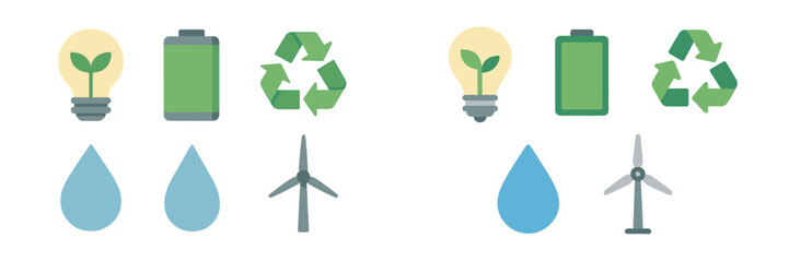 Poster - Symbols representing renewable energy sources and sustainability practices in a simple design layout
