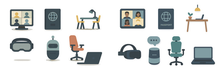 Poster - Icons representing remote work, technology, and virtual interaction in a modern workspace environment