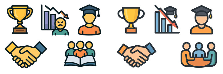 Leinwandbilder - Icons representing achievement, education, and collaboration in a modern design style emphasizing teamwork and success