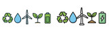 Various icons illustrate themes of sustainability, showing elements like recycling, renewable energy, water, and green plants Various icons illustrate themes of sustainability, showing elements like recycling, renewable energy, water, and green plants