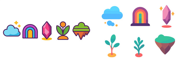 Poster - Colorful illustrations of natural elements with clouds, crystals, and plants in a playful design