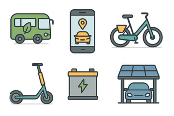 Aufkleber - Eco-friendly transportation options including electric vehicles, bicycles, and mobile technology for urban commuting