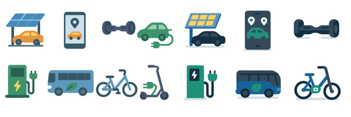 Aufkleber - Electric transportation and sustainable mobility options showcasing diverse vehicles and charging solutions in a modern design