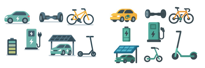 Poster - Electric vehicles and sustainable transport icons illustrate modern mobility solutions in an eco-friendly style