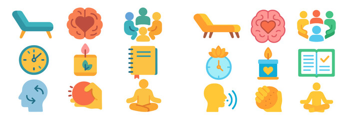 Poster - Diverse icons representing mental health activities, mindfulness techniques, and community support during the day