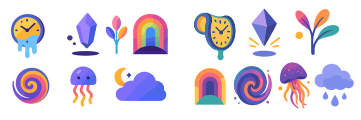Poster - Whimsical illustrations of clocks, crystals, and nature, with vibrant rainbows and jellyfish, come together in a playful design