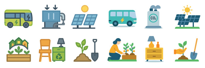 Poster - Exploring sustainable energy solutions through icons representing electric transportation, solar power, and eco-friendly practices