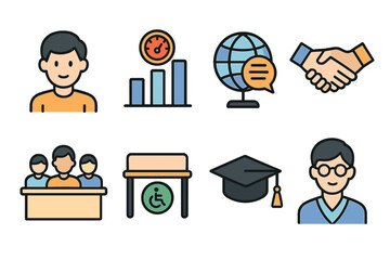 Poster - Illustration of various educational and collaborative concepts featuring people, graphs, and symbols related to learning and teamwork