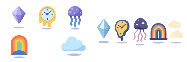 Poster - Colorful cartoon elements including rainbows, clocks, jellyfish, and clouds against a white background