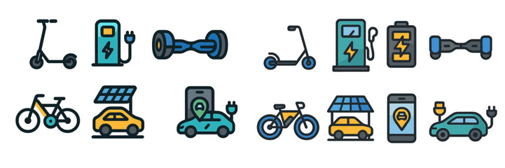 Aufkleber - Electric transportation options featured, showcasing scooters, bikes, and charging stations with renewable energy solutions