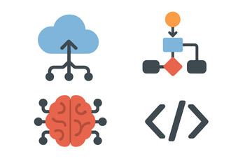 Leinwandbilder - Modern technology integration illustrated through cloud computing, brain networks, flowcharts, and coding symbols