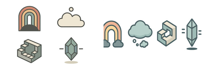Poster - Colorful abstract illustrations featuring rainbows, clouds, and crystals in a minimalistic style
