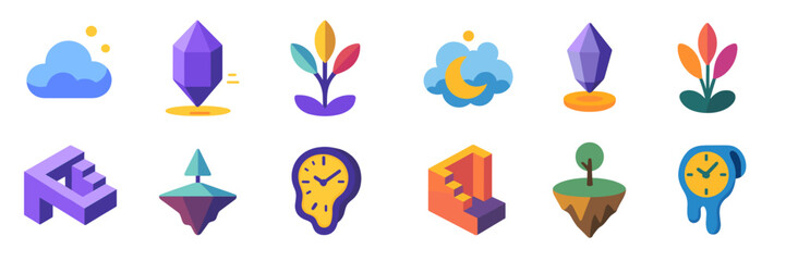 Aufkleber - Colorful graphic illustrations of nature and time featuring plants, crystals, and abstract designs in a modern style
