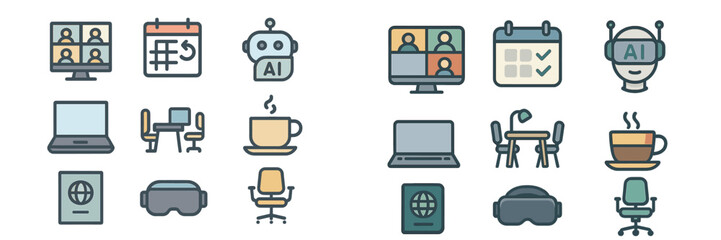Poster - Collection of digital icons representing technology, productivity, and artificial intelligence at a modern workspace