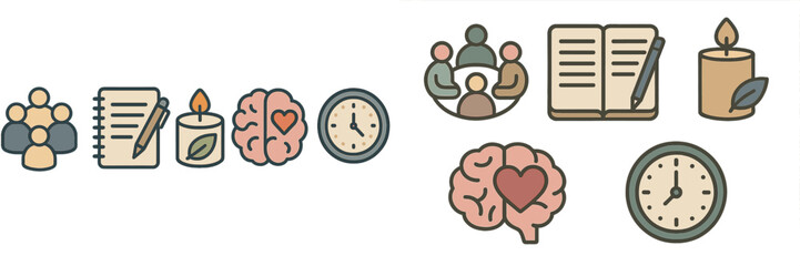 Poster - Icons representing self-care practices like mindfulness, journaling, and time management for personal well-being and reflection