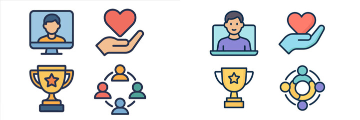 Poster - Illustrations depicting online connection and community engagement through virtual interactions, highlighting support choices and recognition symbols