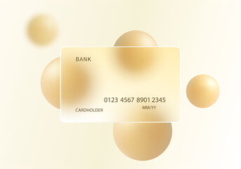 Poster - Glassmorphism style bank card mockup with floating golden spheres on light background