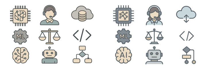 Poster - Modern technology icons showcasing machine learning, artificial intelligence, and data processing concepts in a minimalist design