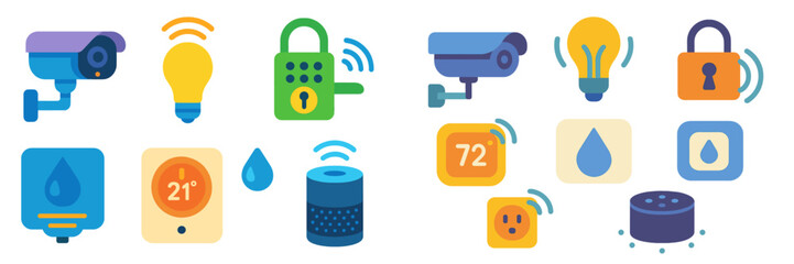 Aufkleber - Smart home icons representing various connected devices for security, lighting, and climate control