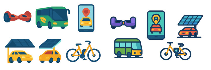 Poster - Innovative transportation icons representing various mobility options and usage of technology for urban commuting solutions