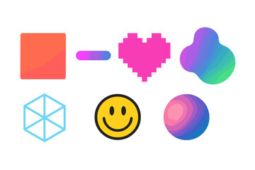 Poster - Colorful abstract shapes and symbols displayed on a white background showcasing creativity and design concepts for digital art