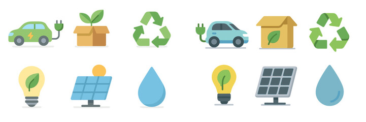 Poster - Illustrations of eco-friendly concepts featuring electric vehicles, renewable energy, and recycling icons