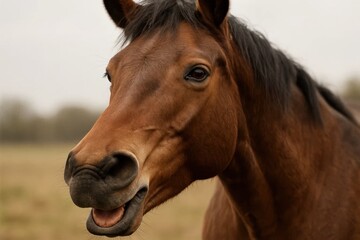 a brown horse with its mouth open in a field