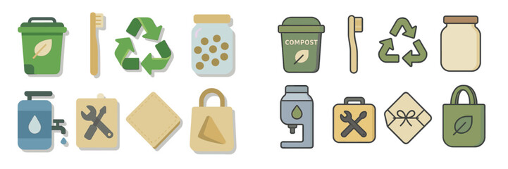 Poster - Collection of eco-friendly icons representing recycling, composting, and sustainable living principles