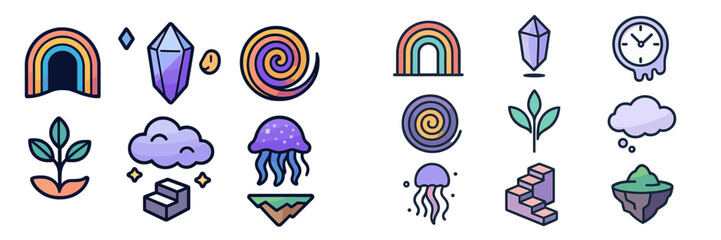 Poster - Colorful collection of whimsical illustrations featuring nature, crystals, and abstract shapes in a playful style