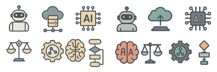 Poster - Icons representing artificial intelligence concepts, including robots, clouds, and data processing elements, in a modern design