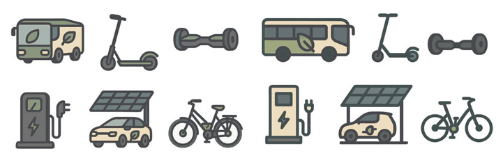 Aufkleber - Illustration of sustainable transportation options including electric scooters, bikes, and charging stations