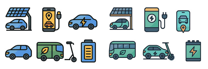 Poster - Green transportation icons representing electric vehicles and renewable energy sources for modern mobility solutions