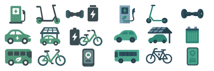 Poster - Electric transport icons showcasing various modes like scooters, bikes, and cars with charging themes in a modern design