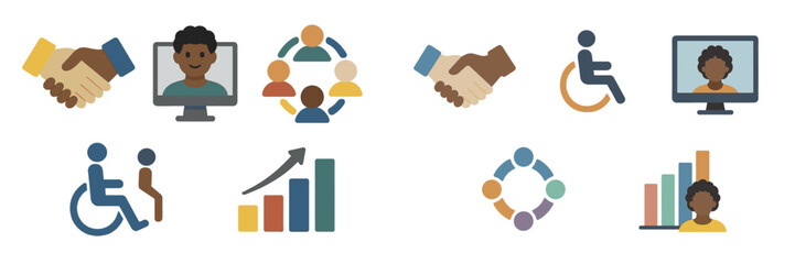 Poster - Diverse symbols representing collaboration, accessibility, growth, and technology in community engagement and inclusion
