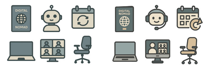 Poster - Icons representing the lifestyle of digital nomads featuring technology, remote work, and travel elements