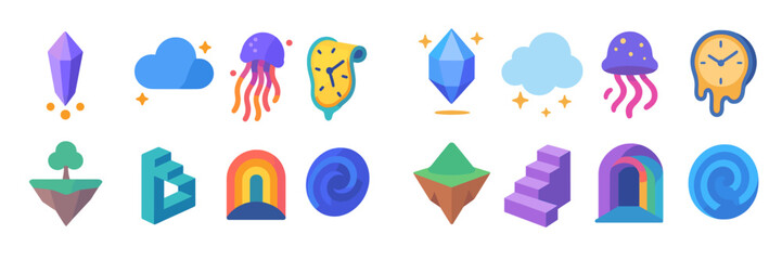 Poster - Colorful illustrations of whimsical objects including crystals, clouds, jellyfish, and timepieces in a vibrant and playful design