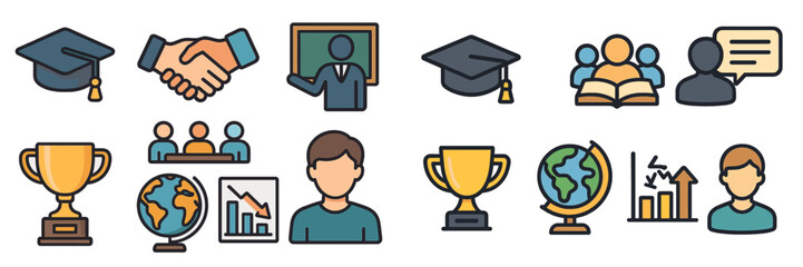 Leinwandbilder - Educational icons illustrating learning, achievement, and collaboration in a modern classroom environment