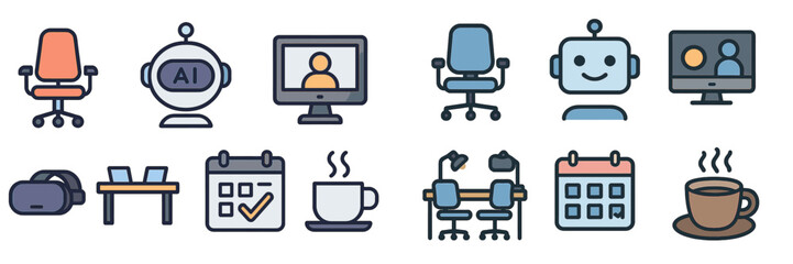 Poster - Icons representing modern office technology and remote work setup with virtual meetings and AI integration