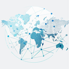 Poster - Digital world map illustration with connected dots and lines representing global networks