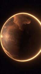 Poster - Conceptual illustration of a planet with a glowing halo set against a starry space background showcases a dark sphere illuminated with golden lights