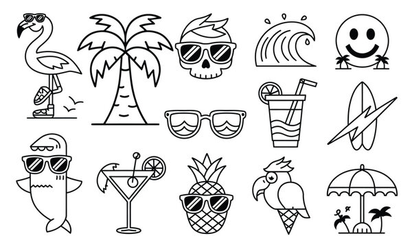 Playful Tropical & Retro Summer Line Icon Pack – Monochrome Style