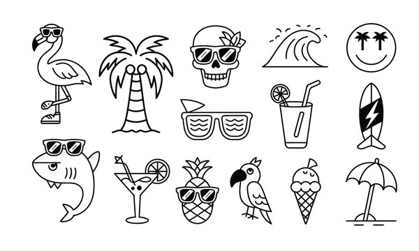 Playful Tropical & Retro Summer Line Icon Pack – Monochrome Style